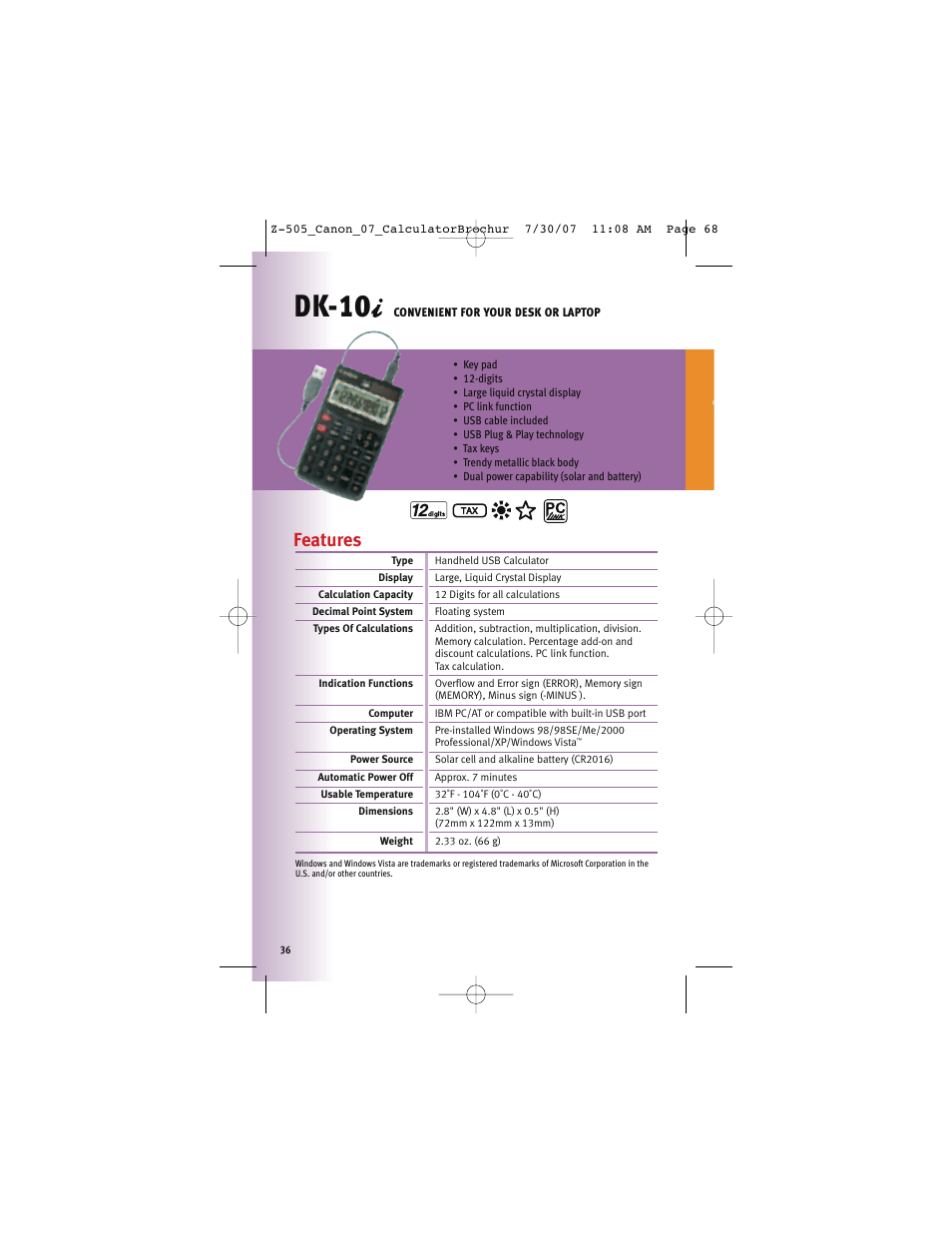 Dk-10, Features | Canon Z-505 User Manual | Page 35 / 66