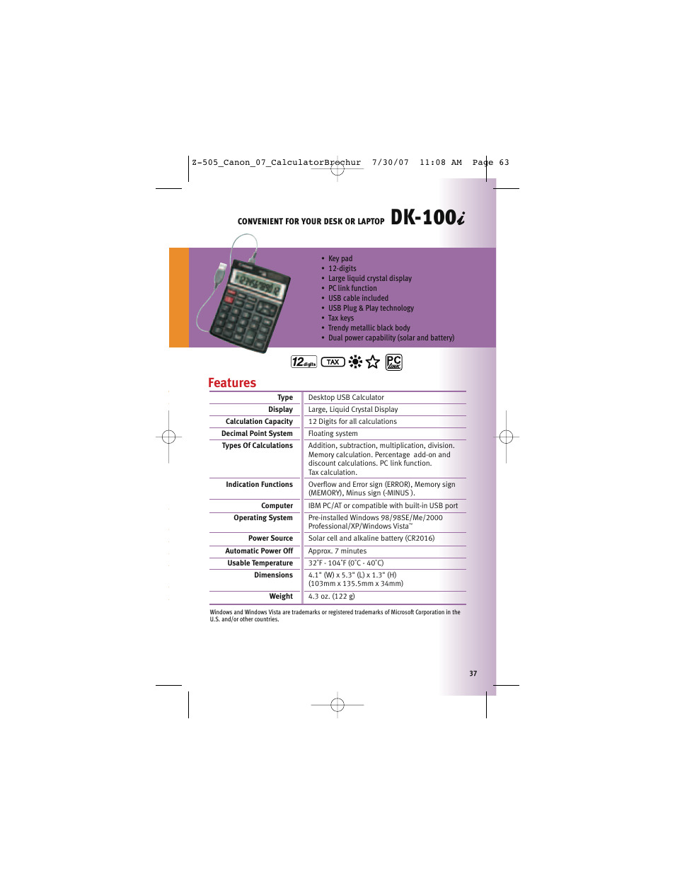 Dk-100, Features | Canon Z-505 User Manual | Page 36 / 66