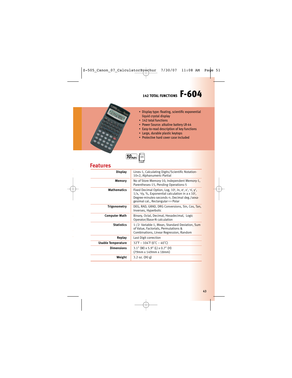 F-604, Features | Canon Z-505 User Manual | Page 42 / 66