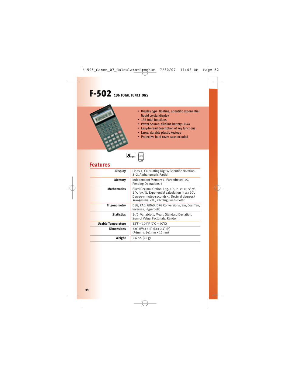 F-502, Features | Canon Z-505 User Manual | Page 43 / 66