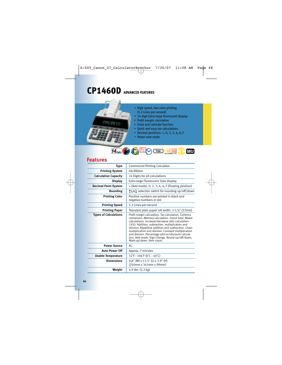 Cp1460d, Features | Canon Z-505 User Manual | Page 45 / 66