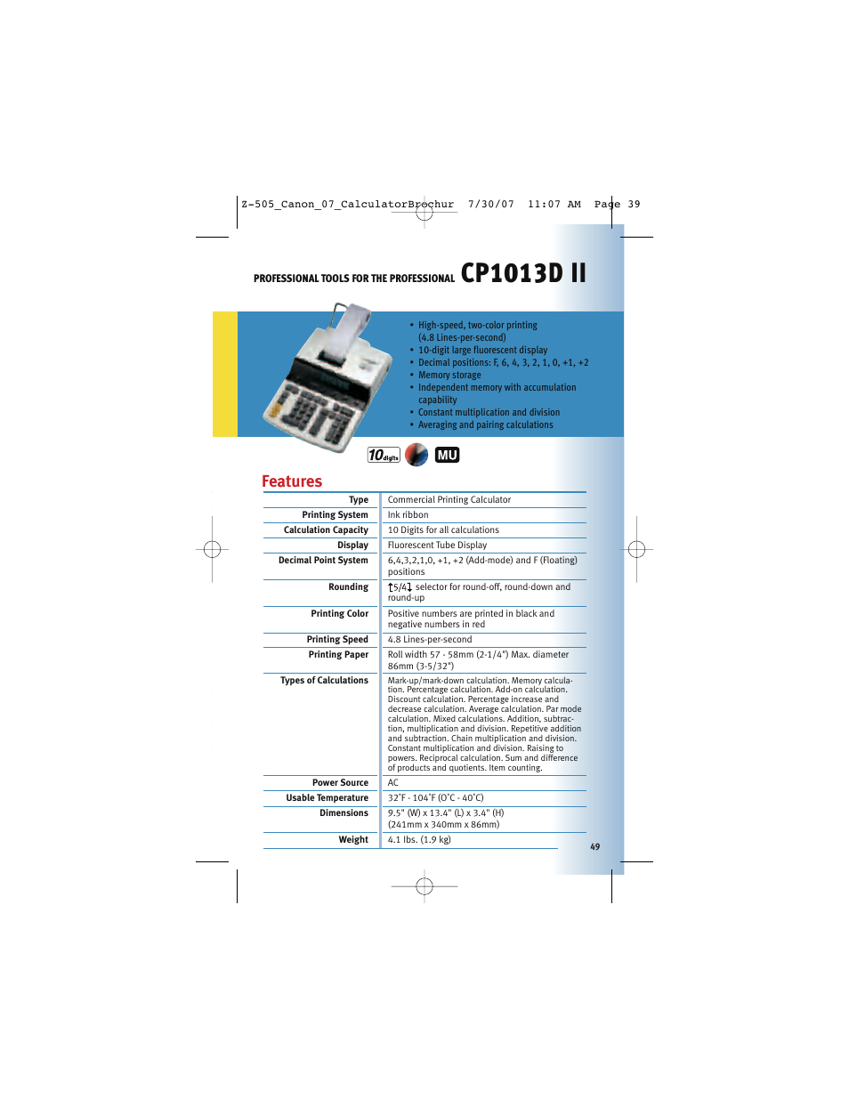 Cp1013d ii, Features | Canon Z-505 User Manual | Page 48 / 66