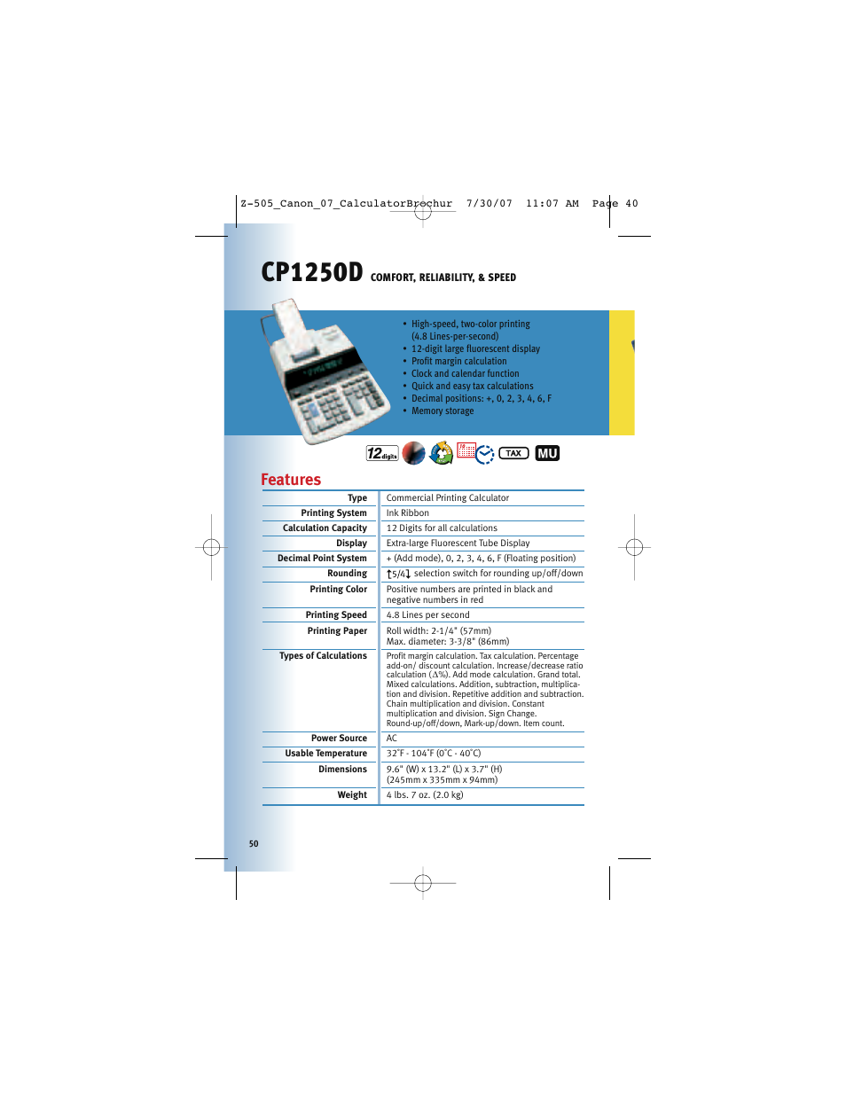 Cp1250d, Features | Canon Z-505 User Manual | Page 49 / 66