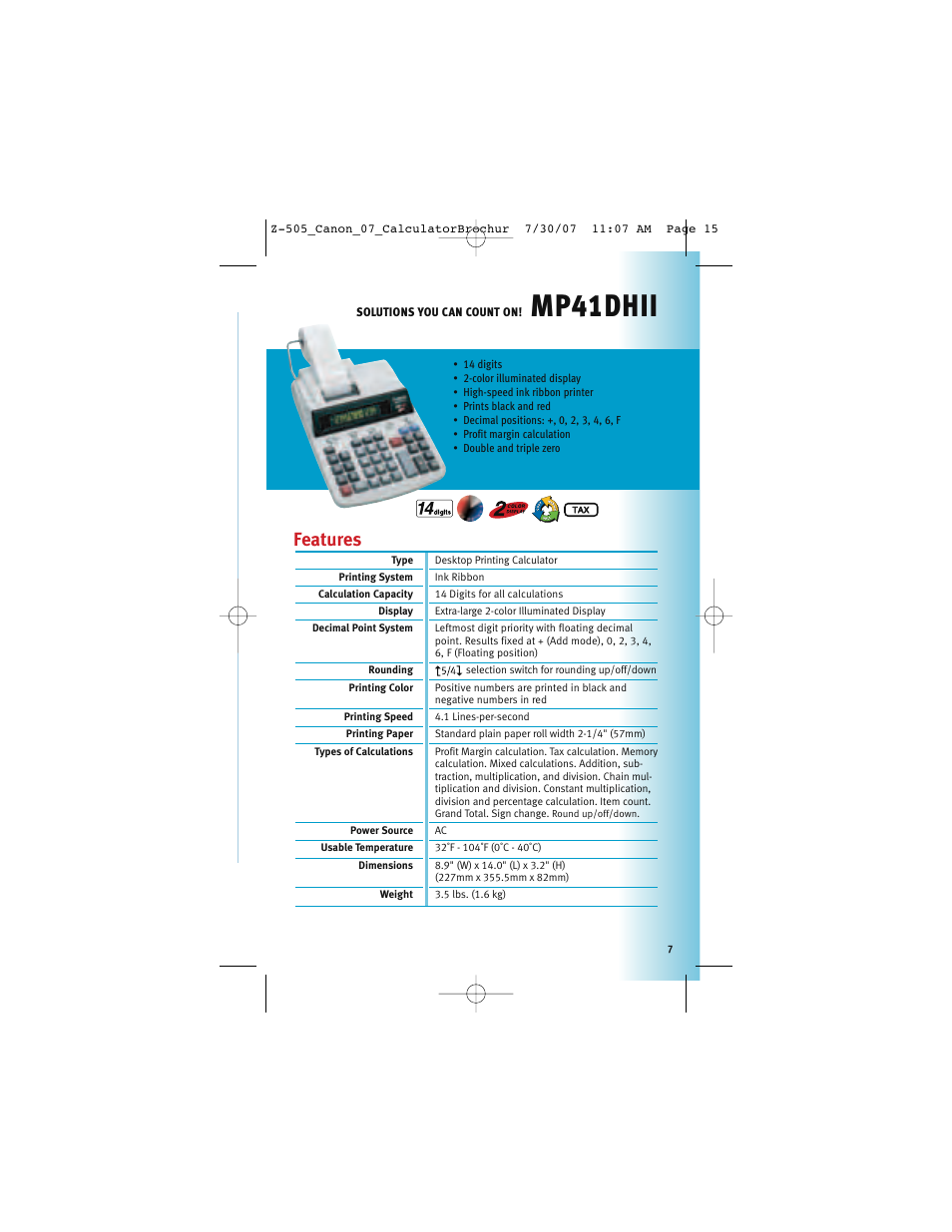 Mp41dhii, Features | Canon Z-505 User Manual | Page 6 / 66