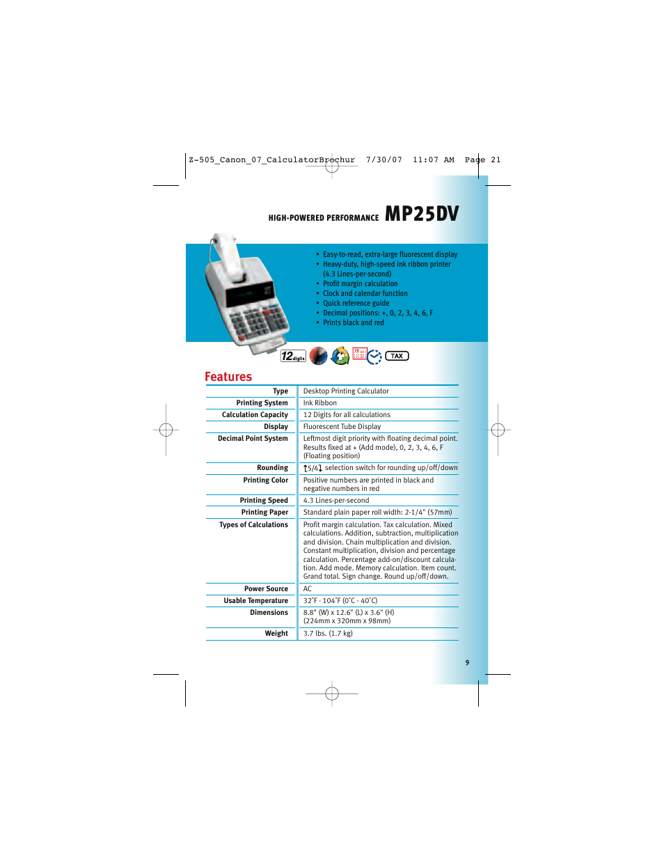 Mp25dv, Features | Canon Z-505 User Manual | Page 8 / 66
