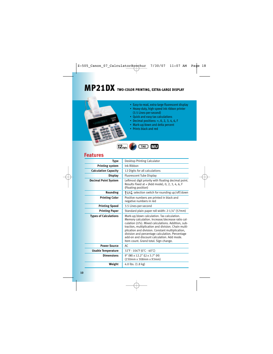 Mp21dx, Features | Canon Z-505 User Manual | Page 9 / 66