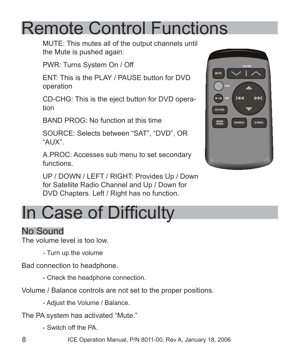 Remote control functions, No sound | Avionics Innovations ICE PCU (Passenger Control Unit) Operation Manual User Manual | Page 10 / 14