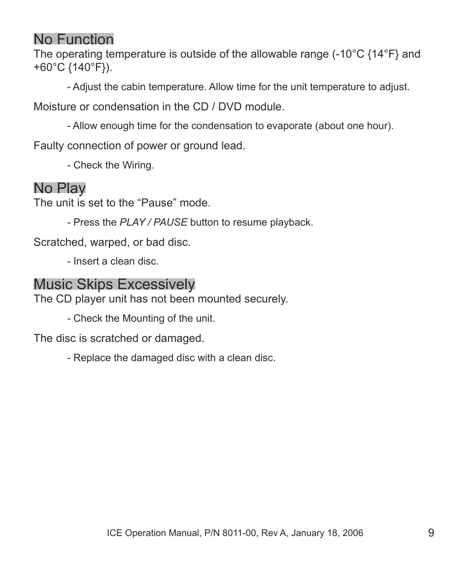 No function, No play, Music skips excessively | Avionics Innovations ICE PCU (Passenger Control Unit) Operation Manual User Manual | Page 11 / 14