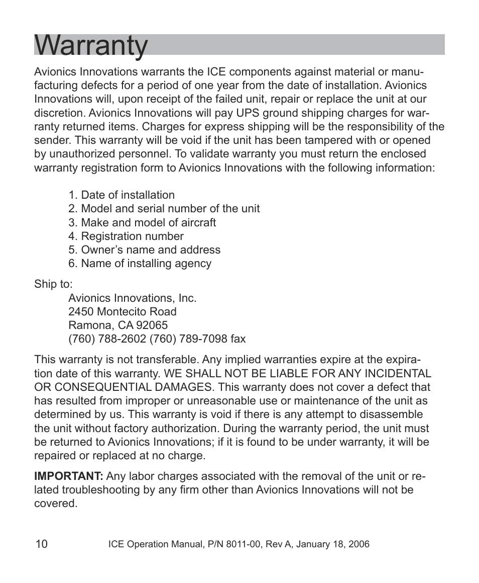 Warranty | Avionics Innovations ICE PCU (Passenger Control Unit) Operation Manual User Manual | Page 12 / 14