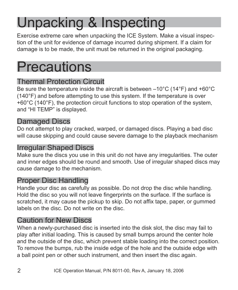 Unpacking & inspecting, Precautions | Avionics Innovations ICE PCU (Passenger Control Unit) Operation Manual User Manual | Page 4 / 14