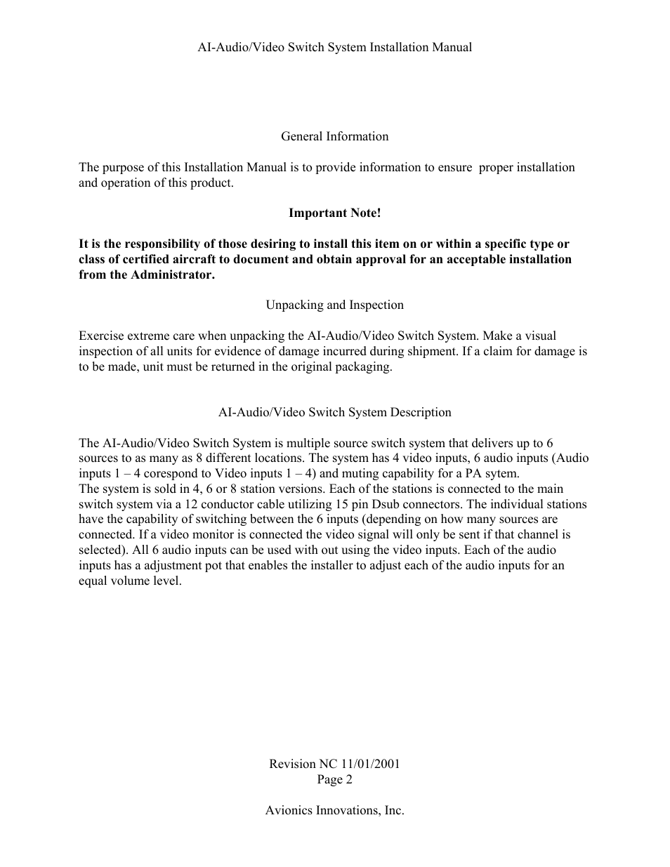 Ai-audio/video switch system description | Avionics Innovations AVS (Audio/Video Switch System) User Manual | Page 3 / 14