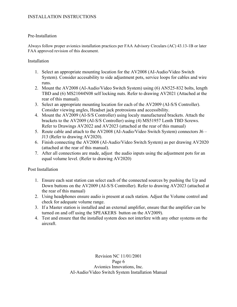 Installation instructions | Avionics Innovations AVS (Audio/Video Switch System) User Manual | Page 7 / 14