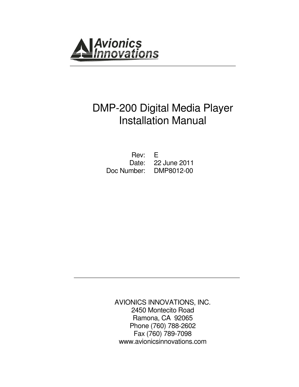 Avionics Innovations DMP-200 (MP3 Player) Installation Manual User Manual | 20 pages
