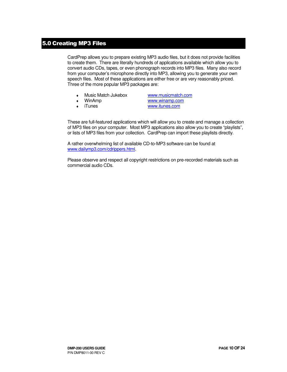 0 creating mp3 files | Avionics Innovations DMP-200 (MP3 Player) Operation Manual User Manual | Page 10 / 24