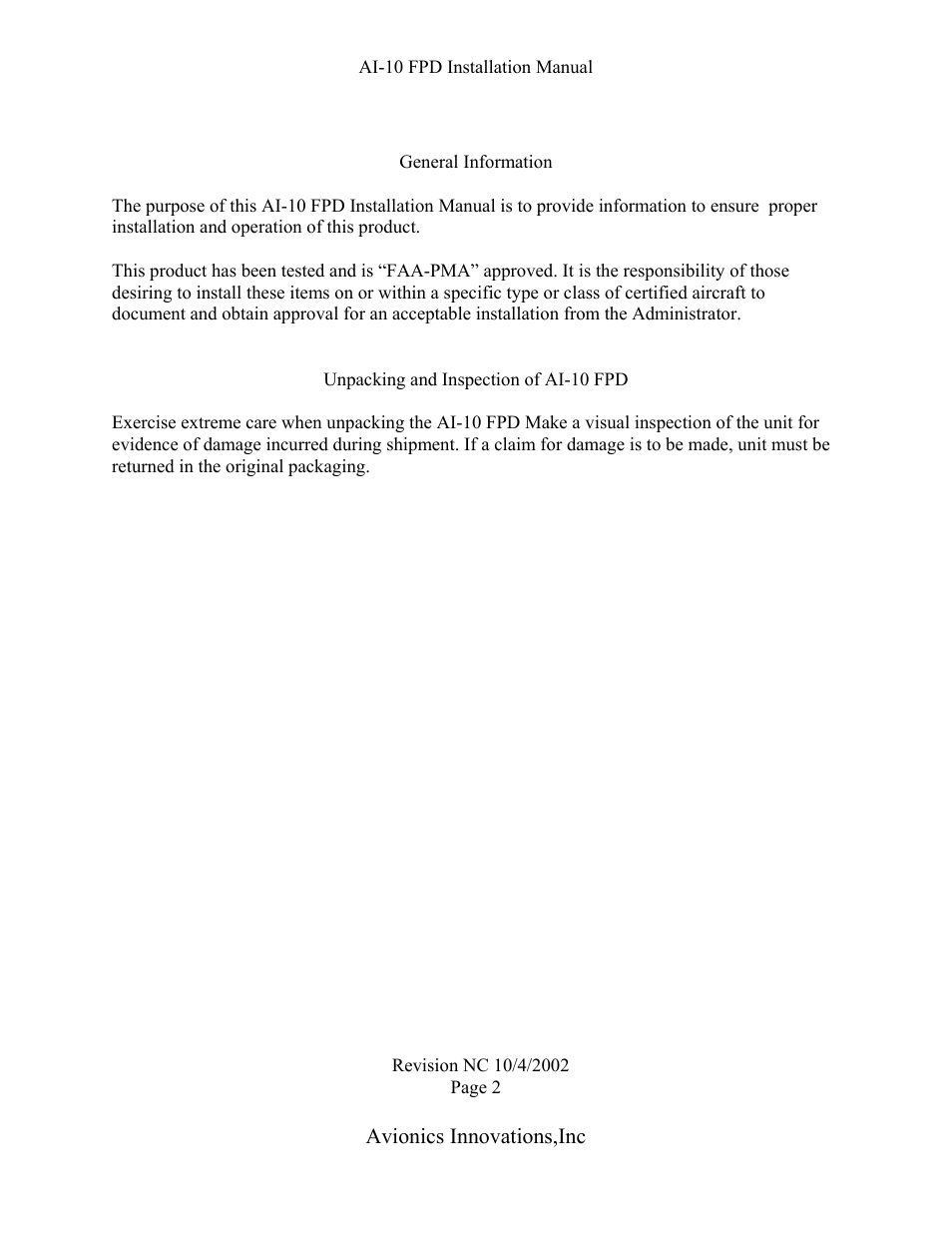 Avionics innovations,inc | Avionics Innovations FPD 10 (Flat Panel Display) User Manual | Page 3 / 11