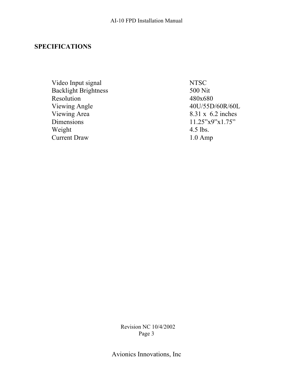 Ai-10 fpd installation manual, Specifications, Current draw1.0 amp | Avionics Innovations FPD 10 (Flat Panel Display) User Manual | Page 4 / 11