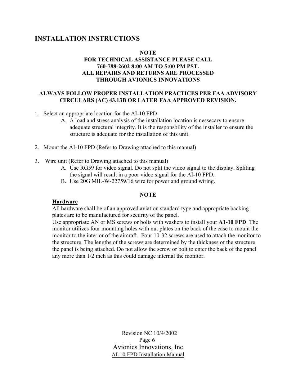 Installation instructions, Note, Hardware | Ai-10 fpd installation manual, Avionics innovations, inc | Avionics Innovations FPD 10 (Flat Panel Display) User Manual | Page 7 / 11