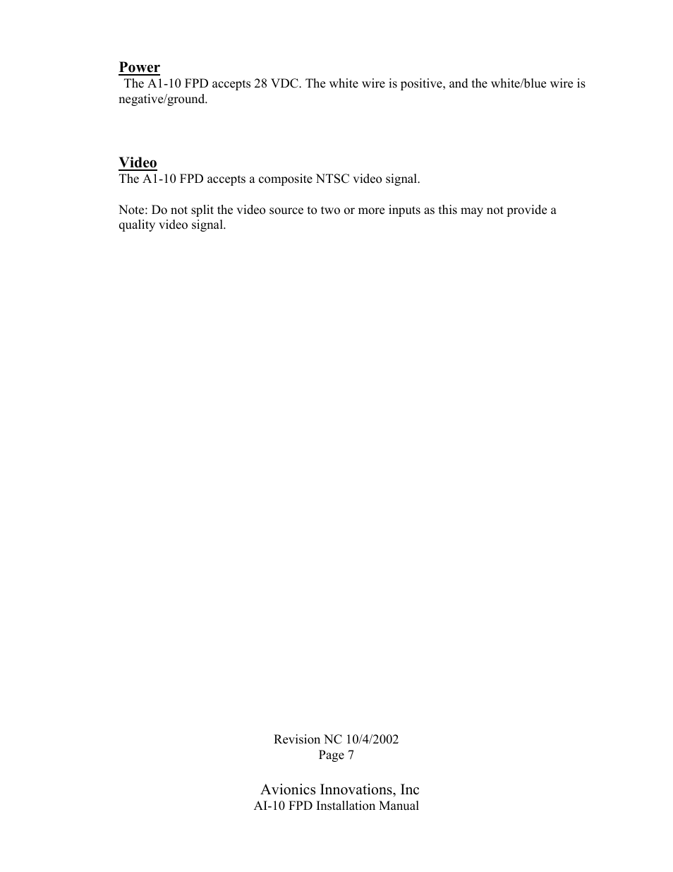Power, Video, Avionics innovations, inc | Avionics Innovations FPD 10 (Flat Panel Display) User Manual | Page 8 / 11