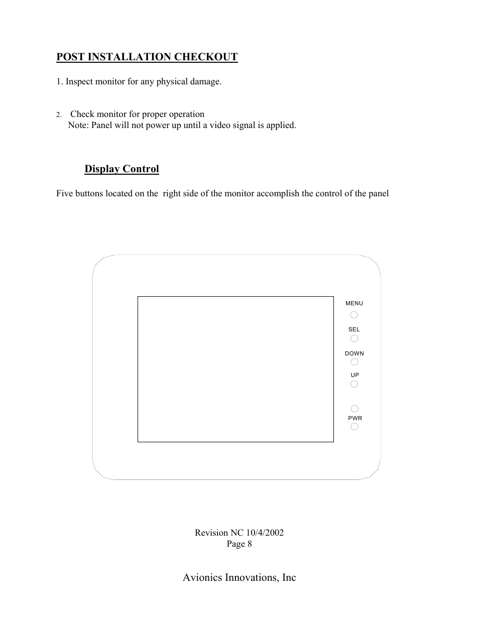 Post installation checkout, Display control, Avionics innovations, inc | Avionics Innovations FPD 10 (Flat Panel Display) User Manual | Page 9 / 11