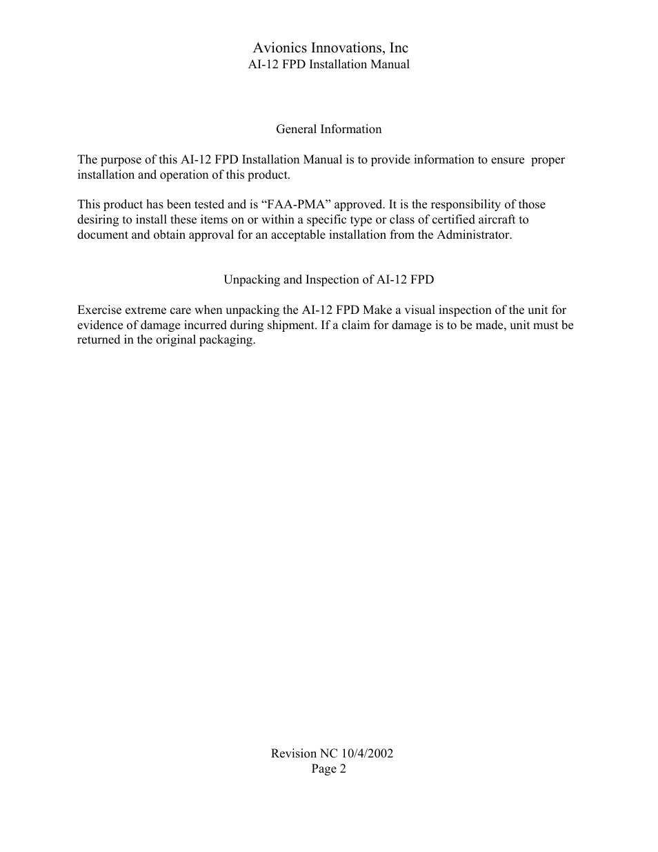 Avionics innovations, inc | Avionics Innovations FPD 12 (Flat Panel Display) User Manual | Page 3 / 11