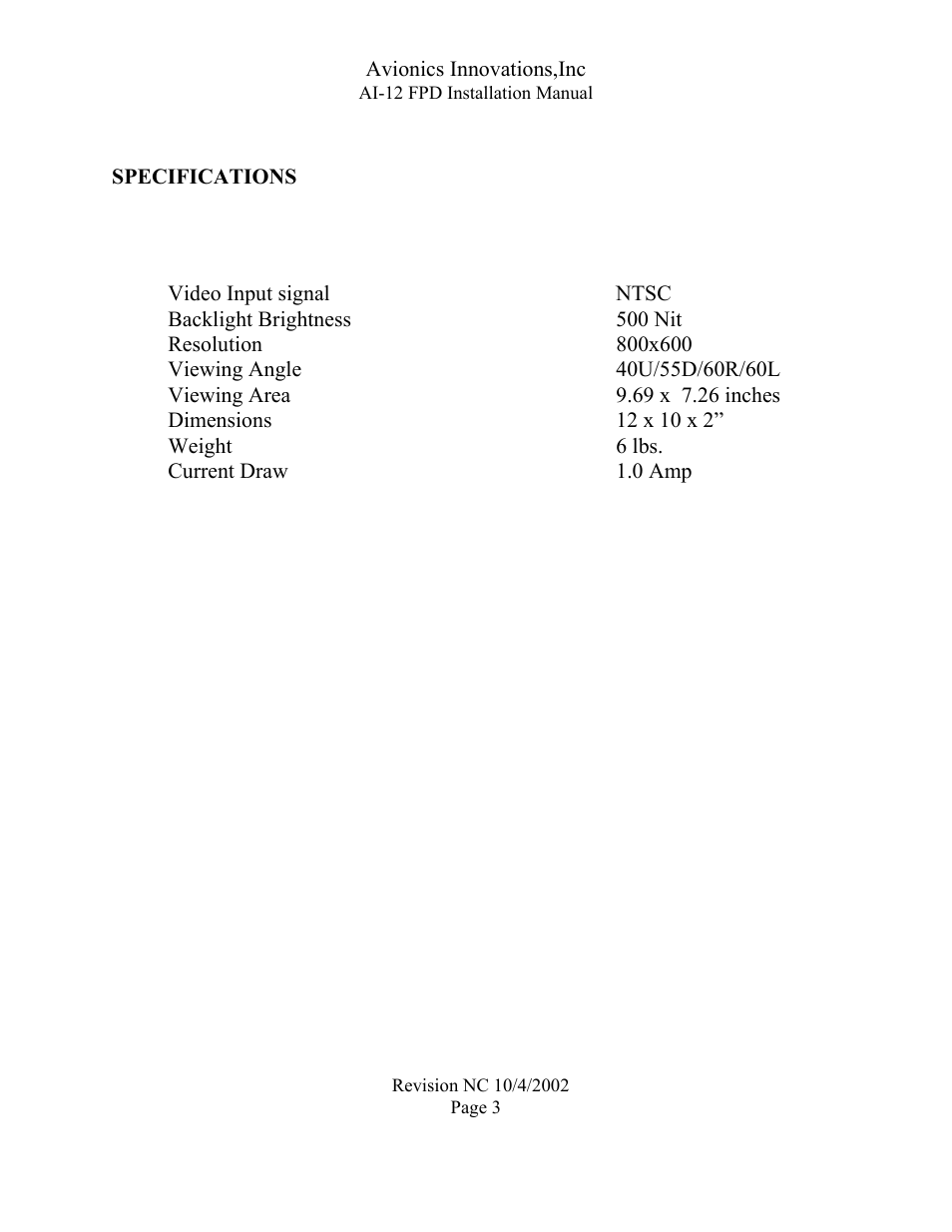 Ai-12 fpd installation manual, Specifications, Current draw1.0 amp | Avionics Innovations FPD 12 (Flat Panel Display) User Manual | Page 4 / 11