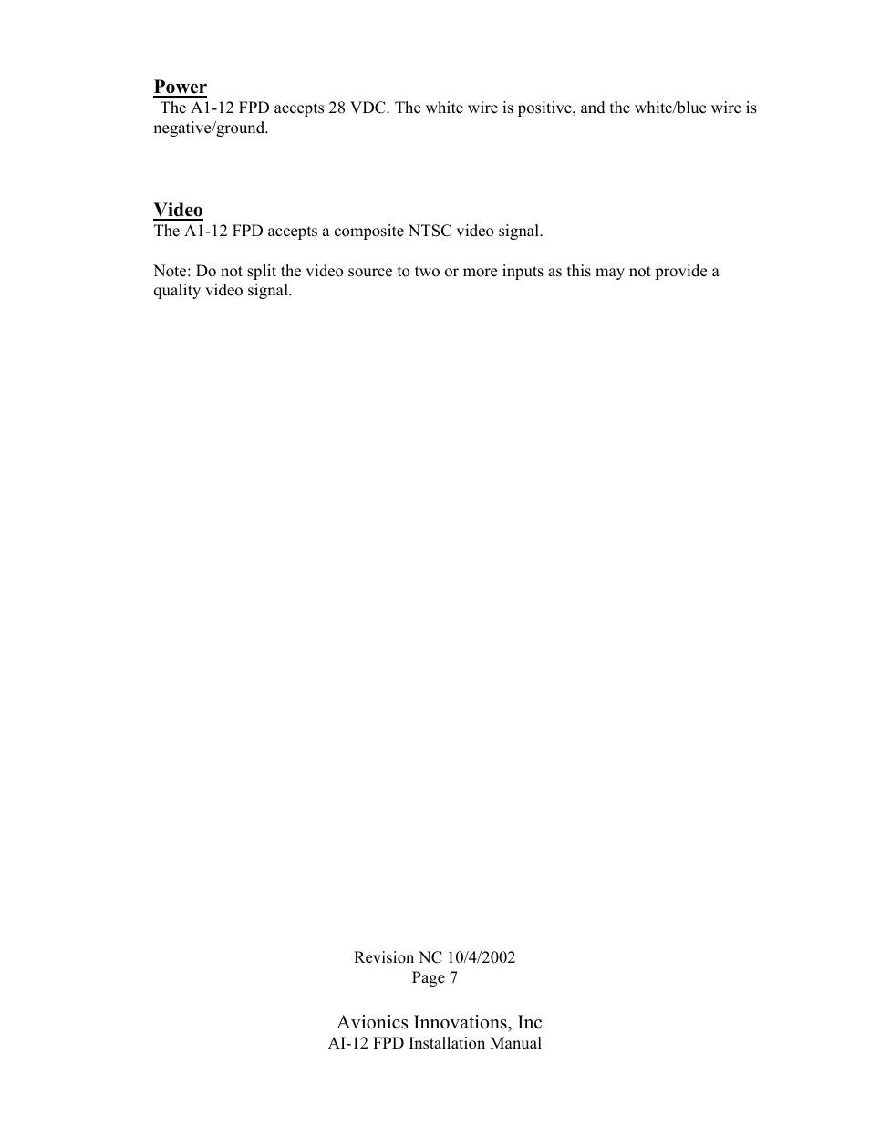 Power, Video, Avionics innovations, inc | Avionics Innovations FPD 12 (Flat Panel Display) User Manual | Page 8 / 11