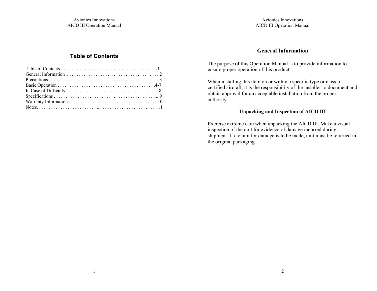 Avionics Innovations AICD-III (AM/FM CD Player) Operation Manual User Manual | 6 pages