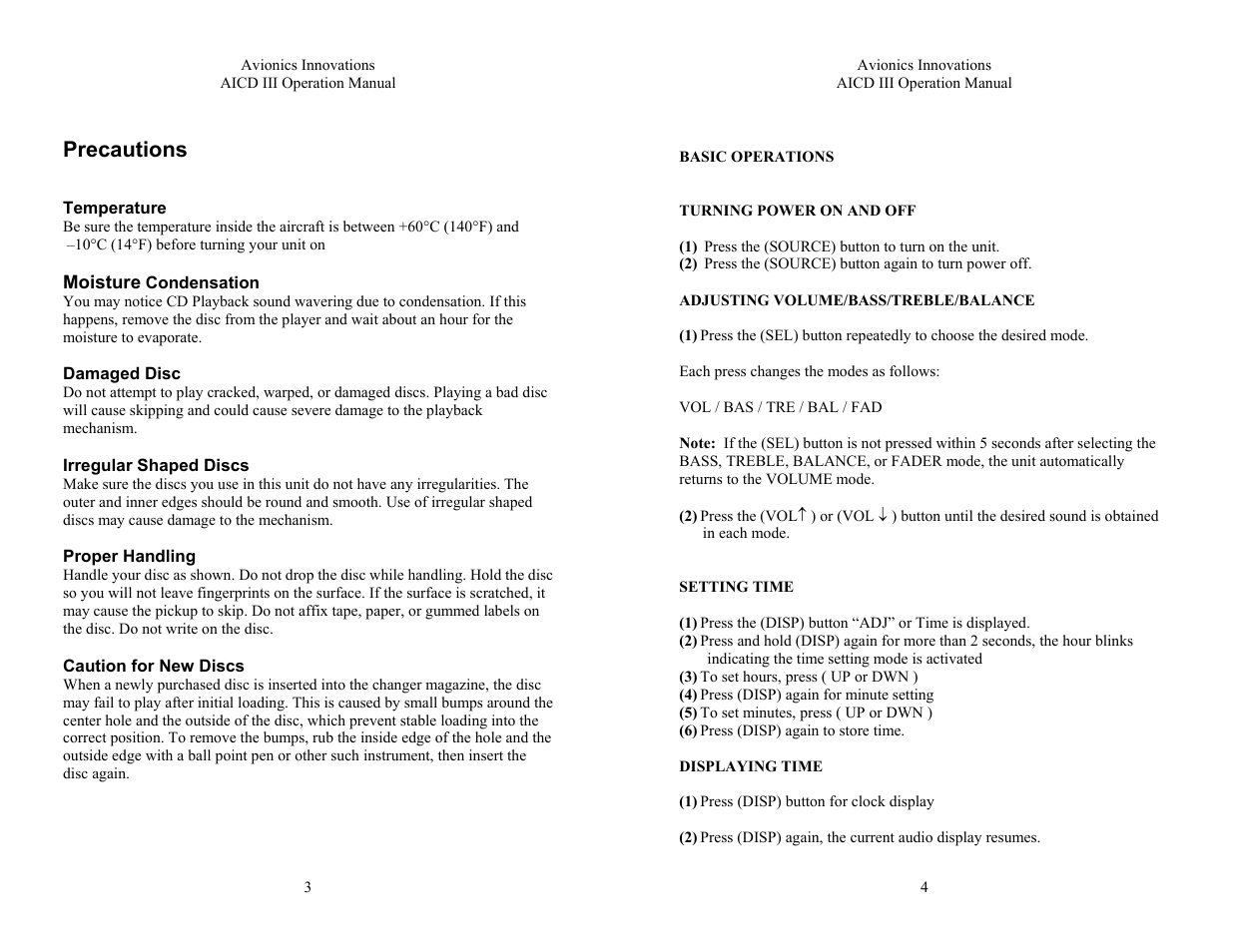 General information, Unpacking and inspection of aicd iii, Precautions | Avionics Innovations AICD-III (AM/FM CD Player) Operation Manual User Manual | Page 2 / 6