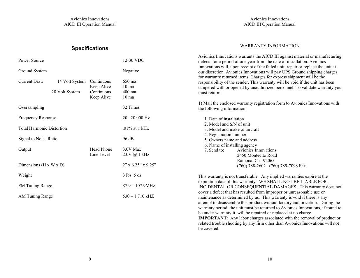 Selection of radio bands, Manual and seek tuning | Avionics Innovations AICD-III (AM/FM CD Player) Operation Manual User Manual | Page 5 / 6