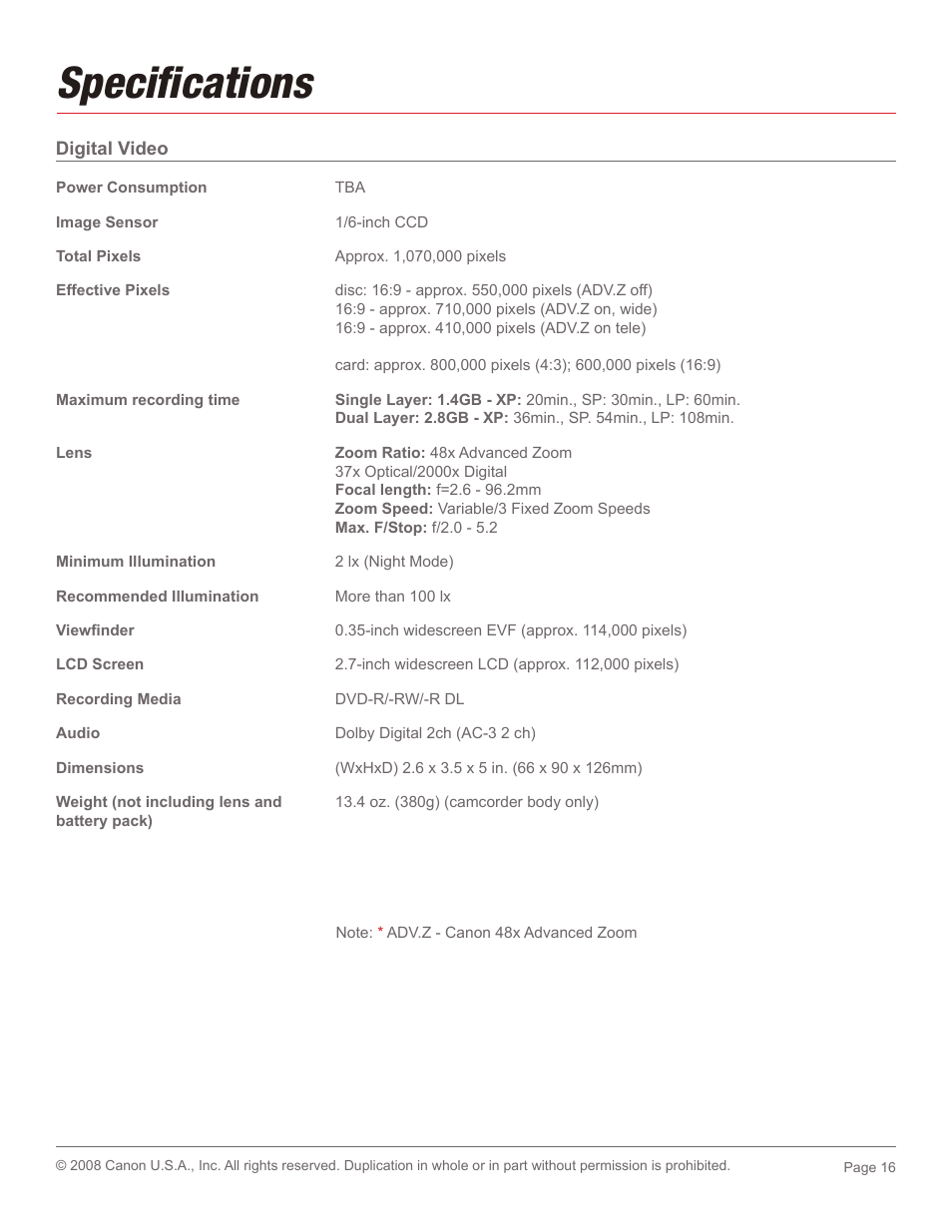 Specifi cations | Canon DC 320 User Manual | Page 16 / 19