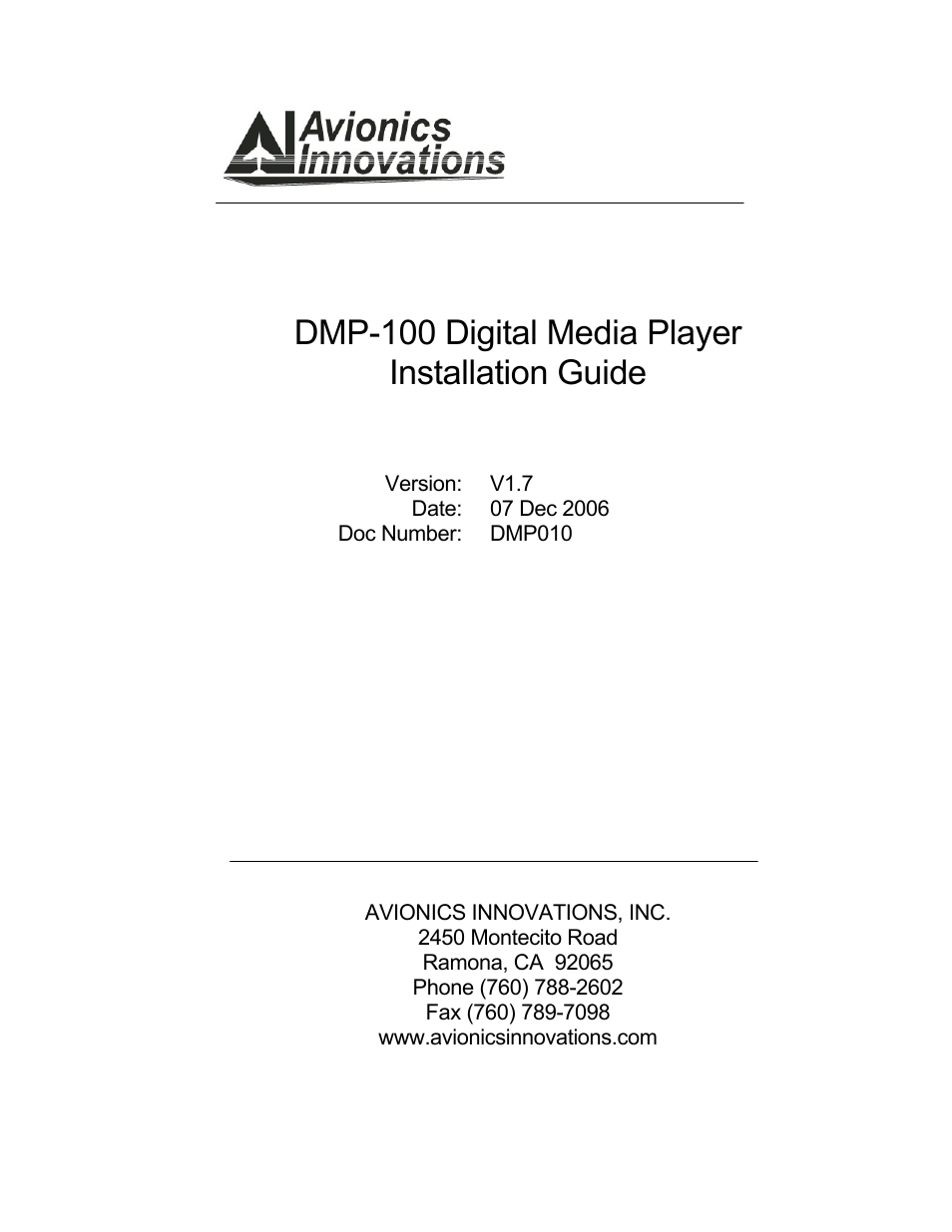 Avionics Innovations DMP-100 (MP3 Player) Installation Manual User Manual | 20 pages