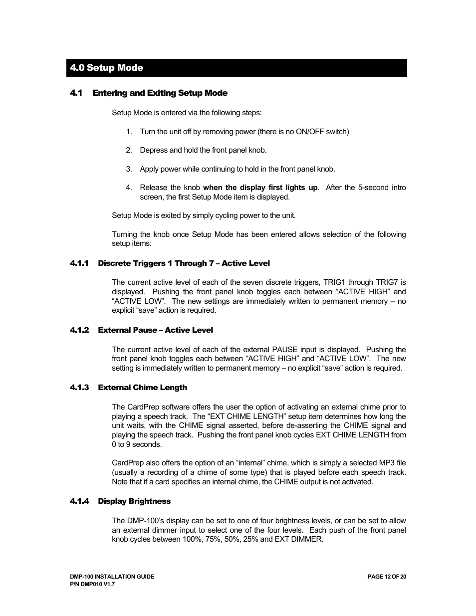 0 setup mode | Avionics Innovations DMP-100 (MP3 Player) Installation Manual User Manual | Page 12 / 20