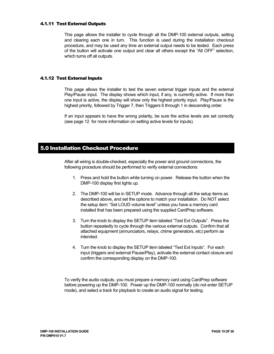 0 installation checkout procedure | Avionics Innovations DMP-100 (MP3 Player) Installation Manual User Manual | Page 15 / 20