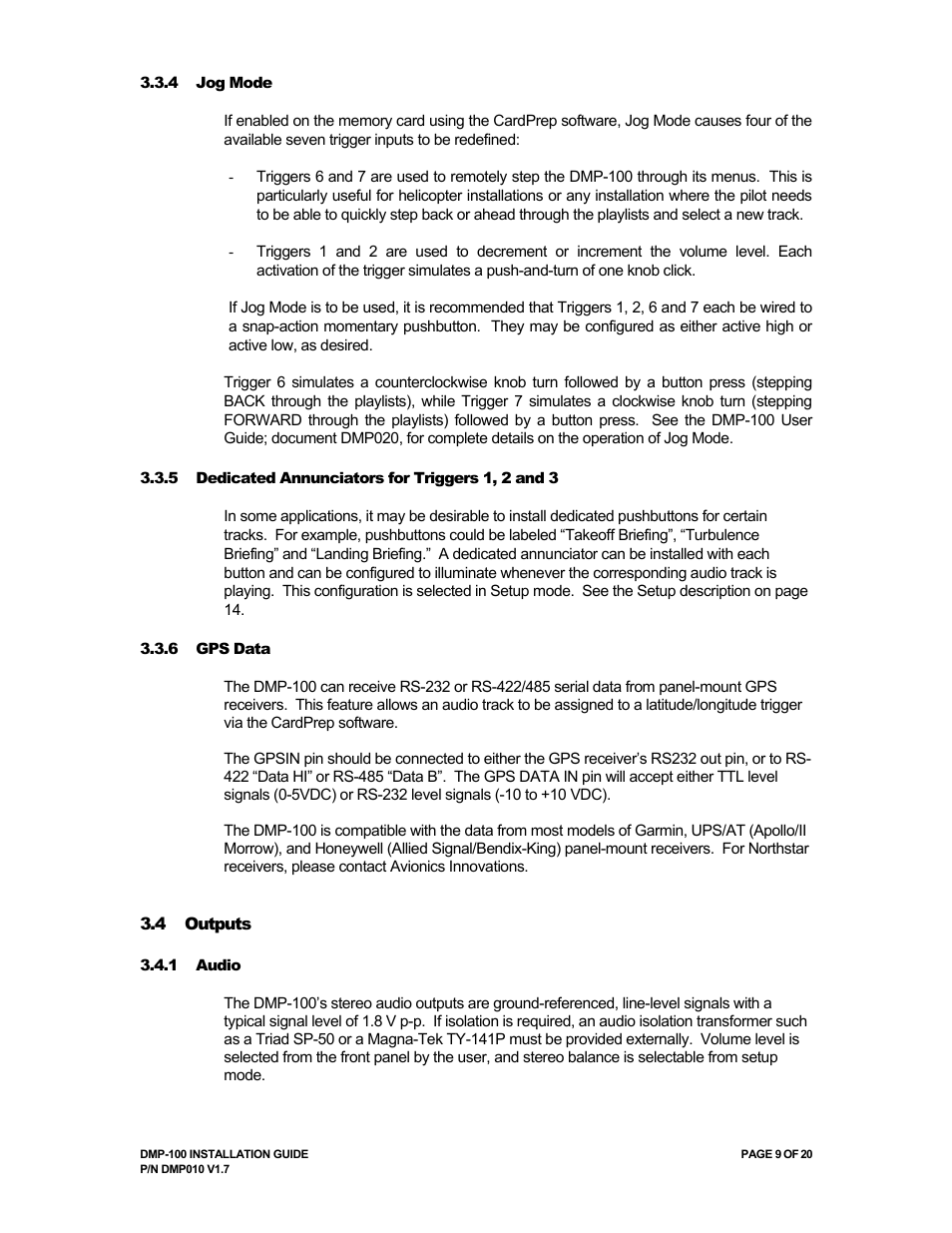 Avionics Innovations DMP-100 (MP3 Player) Installation Manual User Manual | Page 9 / 20
