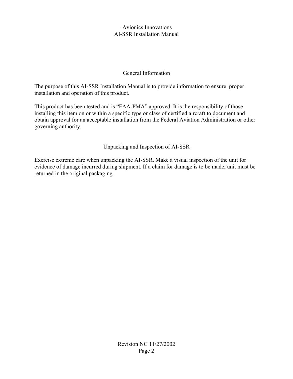 Avionics Innovations SSR (Panel Mounted Sirius Satellite Receiver) P/N: SSR019 Installation Manual User Manual | Page 3 / 9