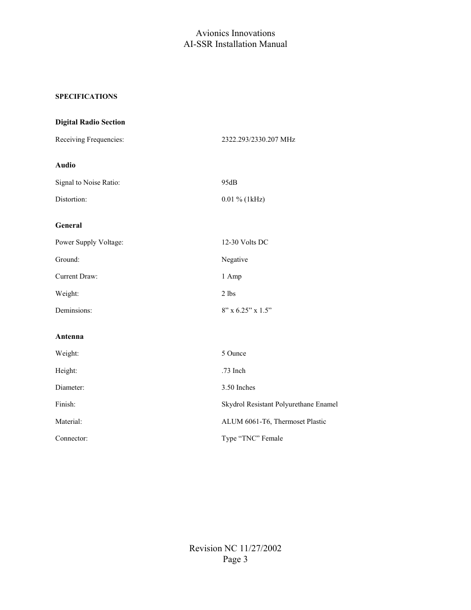 Avionics innovations ai-ssr installation manual | Avionics Innovations SSR (Panel Mounted Sirius Satellite Receiver) P/N: SSR019 Installation Manual User Manual | Page 4 / 9