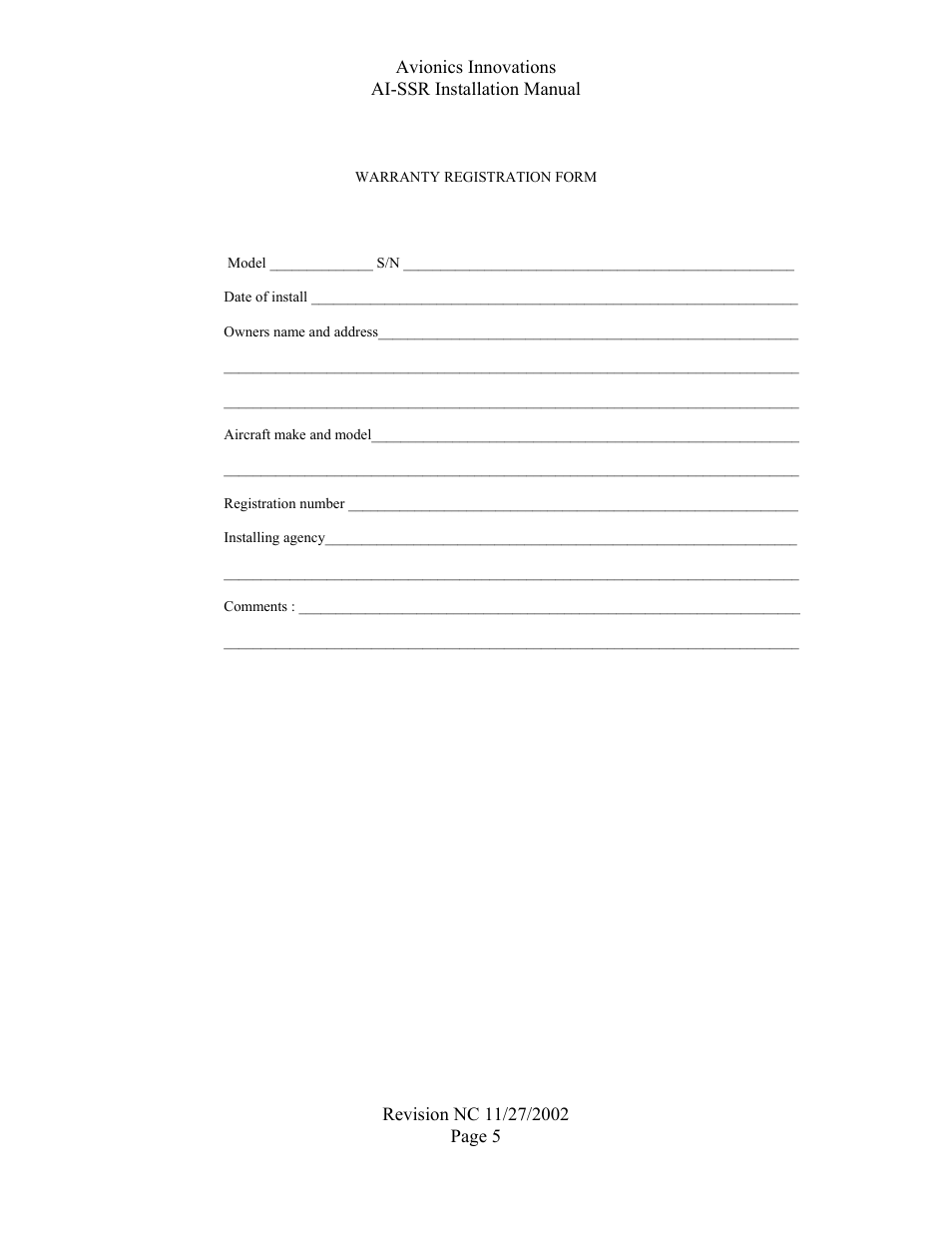 Avionics Innovations SSR (Panel Mounted Sirius Satellite Receiver) P/N: SSR019 Installation Manual User Manual | Page 6 / 9