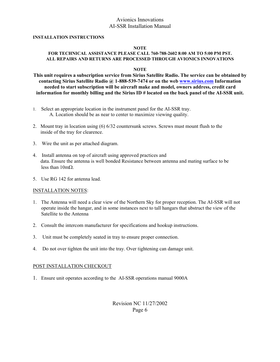 Installation instructions, Note, Post installation checkout | Avionics Innovations SSR (Panel Mounted Sirius Satellite Receiver) P/N: SSR019 Installation Manual User Manual | Page 7 / 9