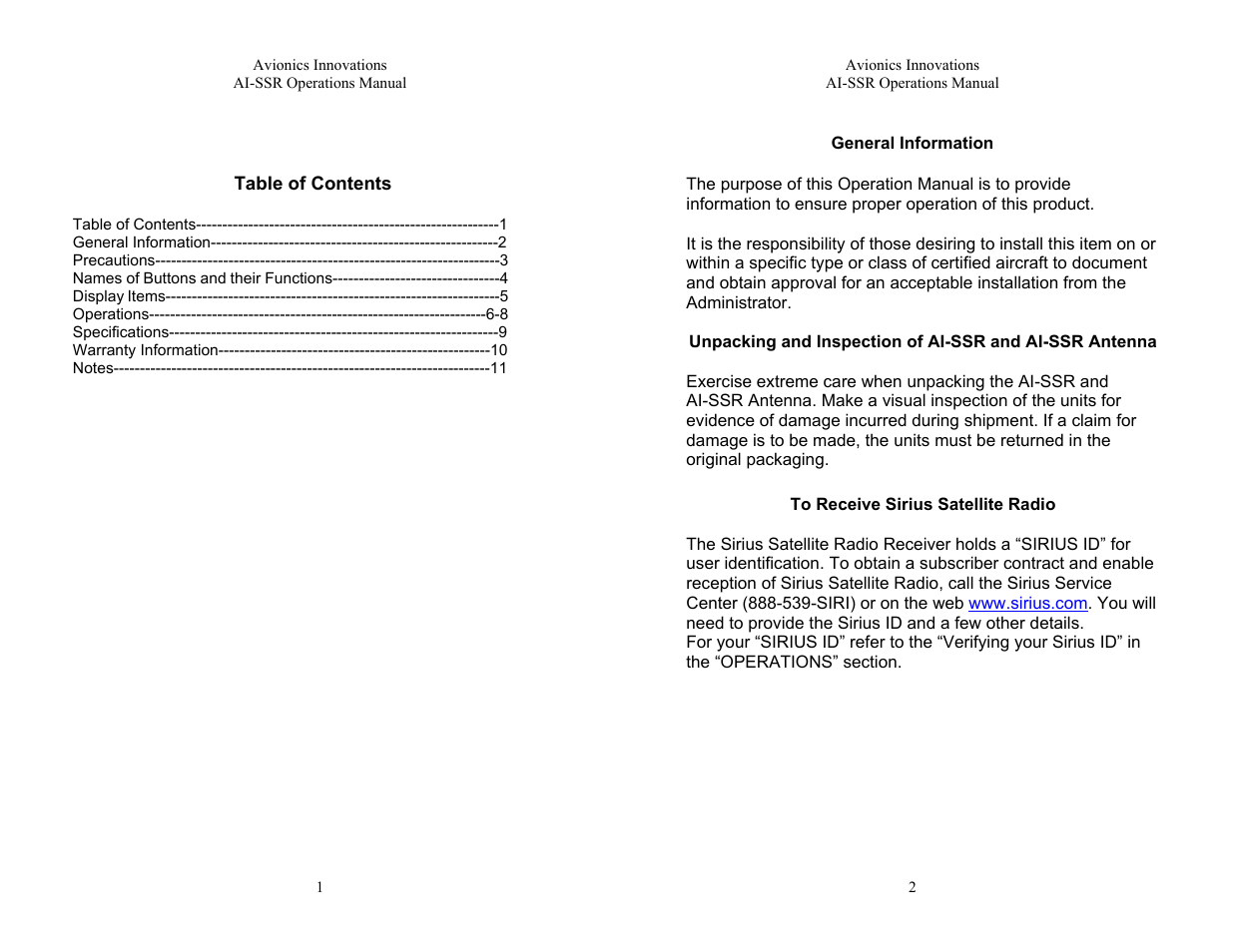 Avionics Innovations SSR (Panel Mounted Sirius Satellite Receiver) P/N: SSR019 Operation Manual User Manual | Page 2 / 7