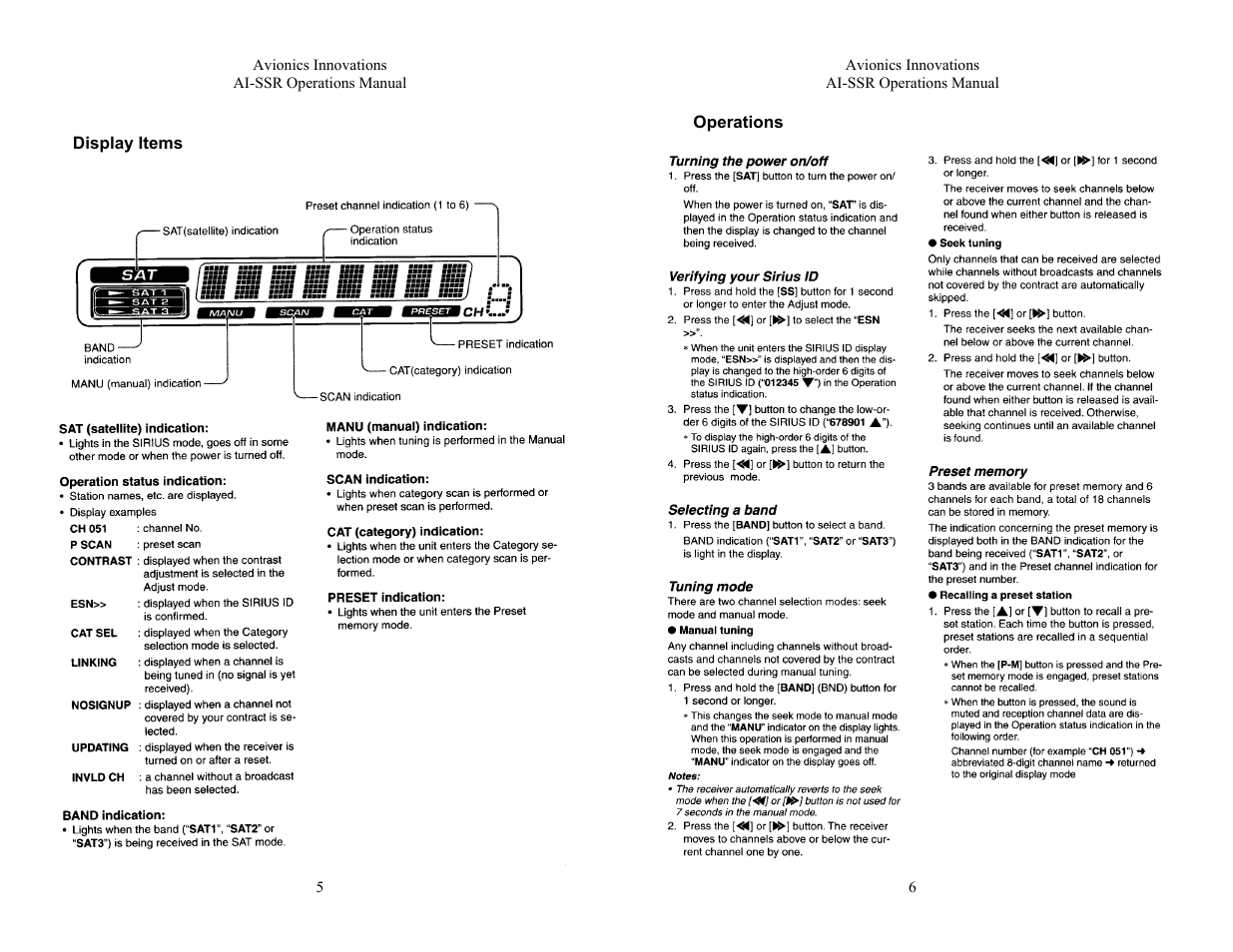 Precautions, Temperature, Cleaning | Initial operation | Avionics Innovations SSR (Panel Mounted Sirius Satellite Receiver) P/N: SSR019 Operation Manual User Manual | Page 4 / 7