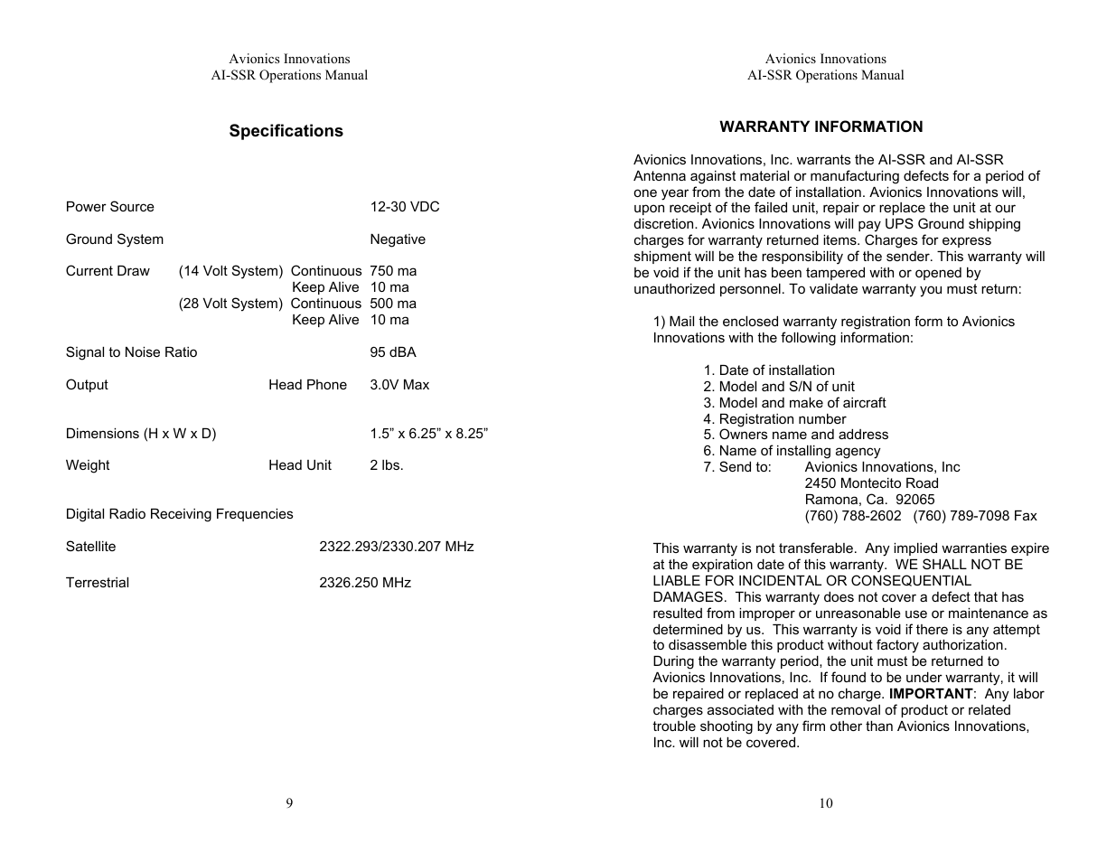 Avionics Innovations SSR (Panel Mounted Sirius Satellite Receiver) P/N: SSR019 Operation Manual User Manual | Page 6 / 7