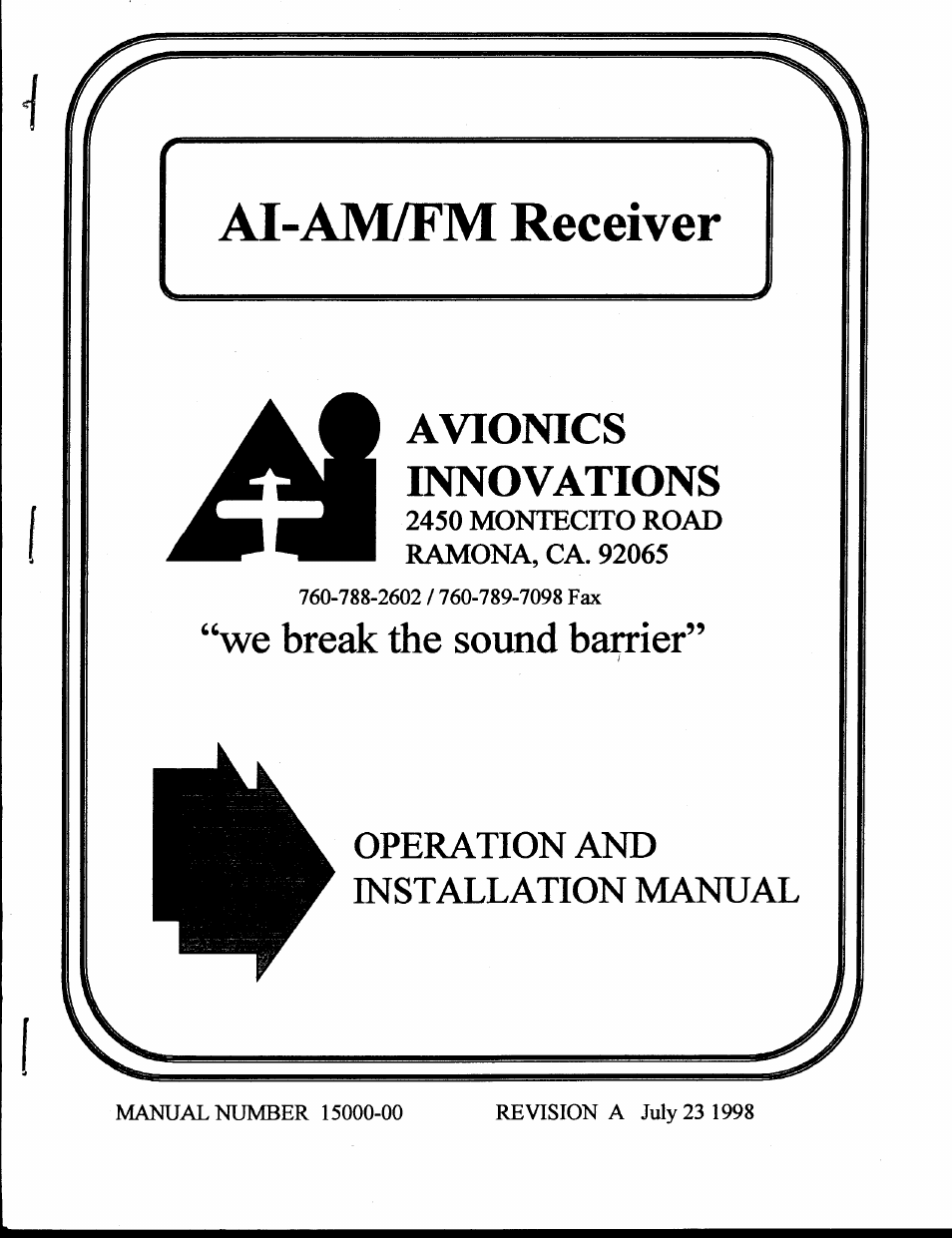 Avionics Innovations AM/FM Receiver P/N: 15001-00 User Manual | 12 pages