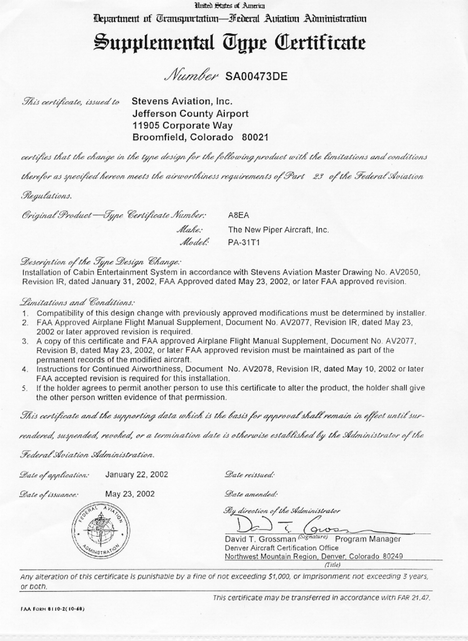 Avionics Innovations DVD/AM/FM Receiver P/N: AV2007 Installation Manual User Manual | Page 13 / 13