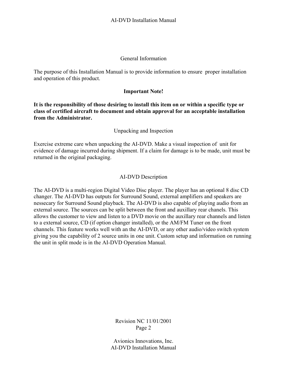 Ai-dvd description | Avionics Innovations DVD/AM/FM Receiver P/N: AV2007 Installation Manual User Manual | Page 3 / 13