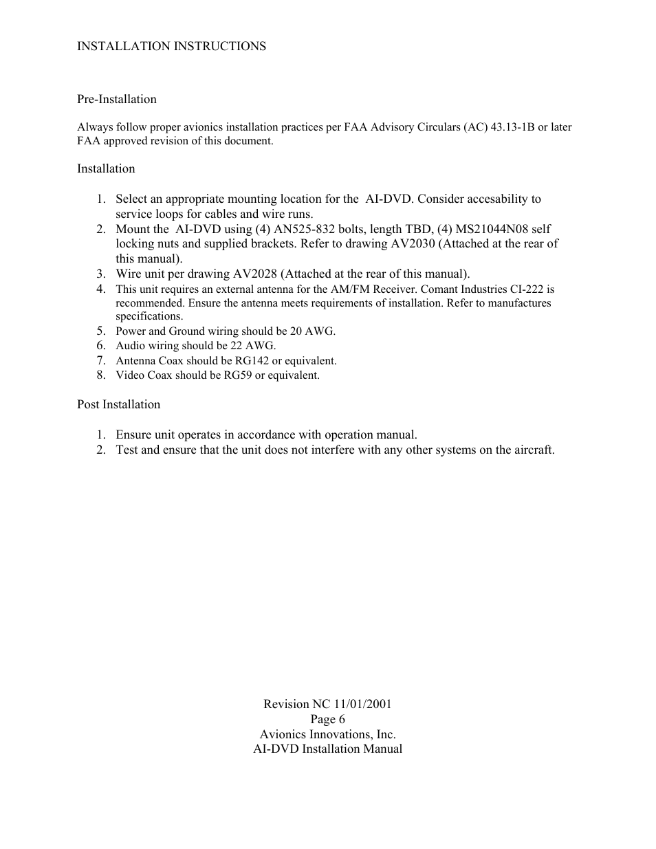 Installation instructions | Avionics Innovations DVD/AM/FM Receiver P/N: AV2007 Installation Manual User Manual | Page 7 / 13