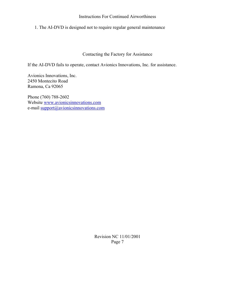 Avionics Innovations DVD/AM/FM Receiver P/N: AV2007 Installation Manual User Manual | Page 8 / 13