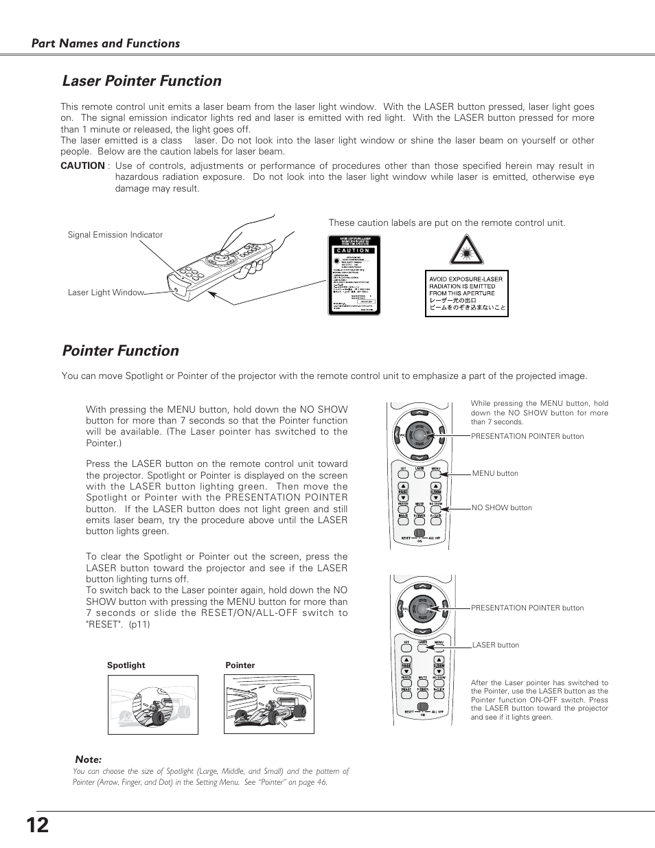 Laser pointer function, Pointer function | Canon LV-7220  EN User Manual | Page 12 / 64
