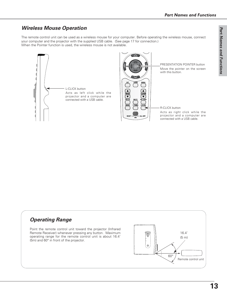 Wireless mouse operation, Operating range, Operating range wireless mouse operation | Canon LV-7220  EN User Manual | Page 13 / 64