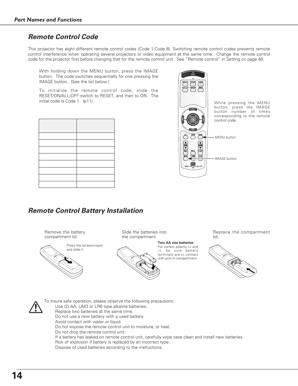 Remote control code, Remote control battery insta, Remote control battery installation | Canon LV-7220  EN User Manual | Page 14 / 64