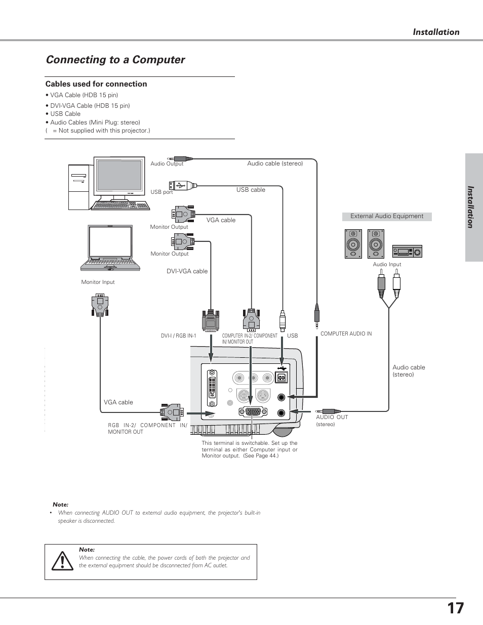 Connecting to a computer, Installation, Cables used for connection | Canon LV-7220  EN User Manual | Page 17 / 64